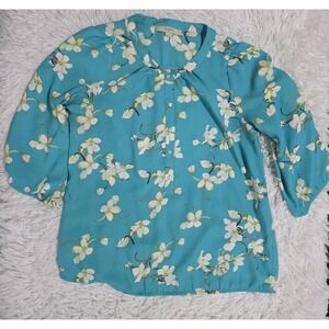 Loft Teal Floral Blouse Top Shirt Size Medium Casual Wear Green White Workwear